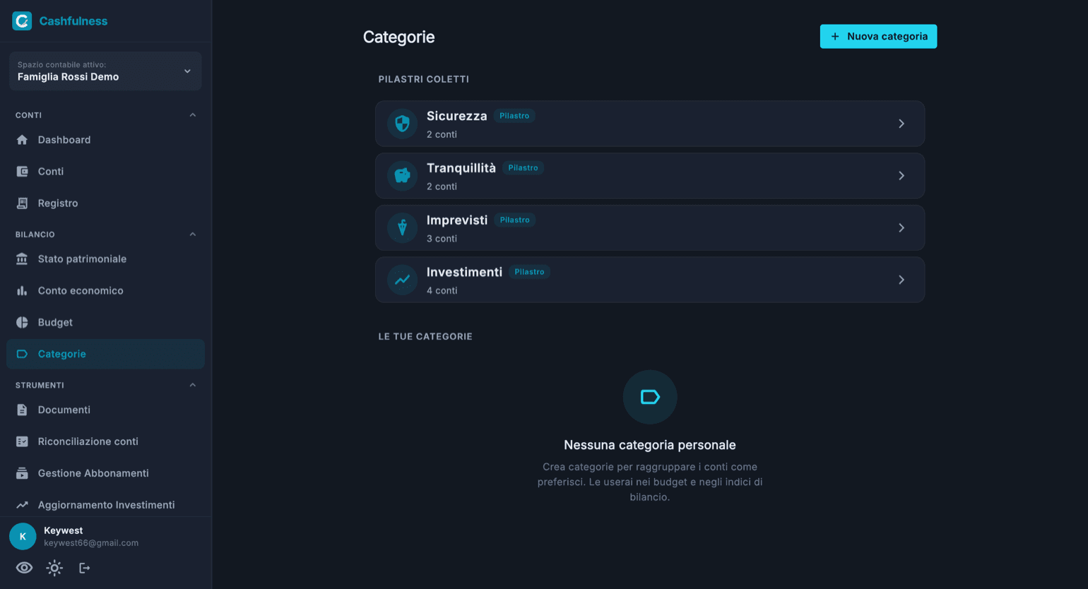 La pagina Categorie con i quattro Pilastri Coletti (Sicurezza, Tranquillità, Imprevisti, Investimenti) e la sezione delle categorie personali con il pulsante Nuova categoria.