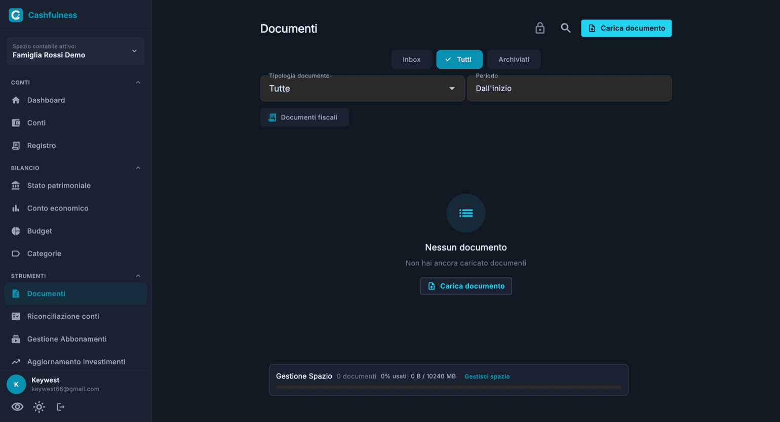 La pagina Documenti di Cashfulness con il pulsante Carica documento, le schede Inbox, Tutti e Archiviati, i filtri per tipologia e periodo e la barra Gestione Spazio in basso.