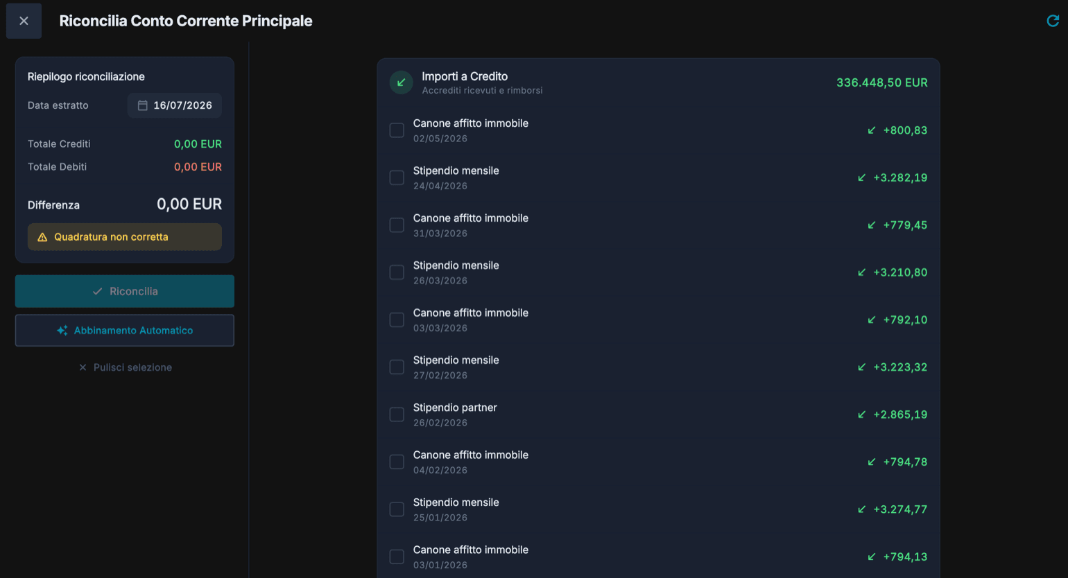 La schermata di riconciliazione di un conto corrente: elenco degli importi a credito con caselle da spuntare, data di riferimento, totali di crediti e debiti, Differenza e pulsante Riconcilia.