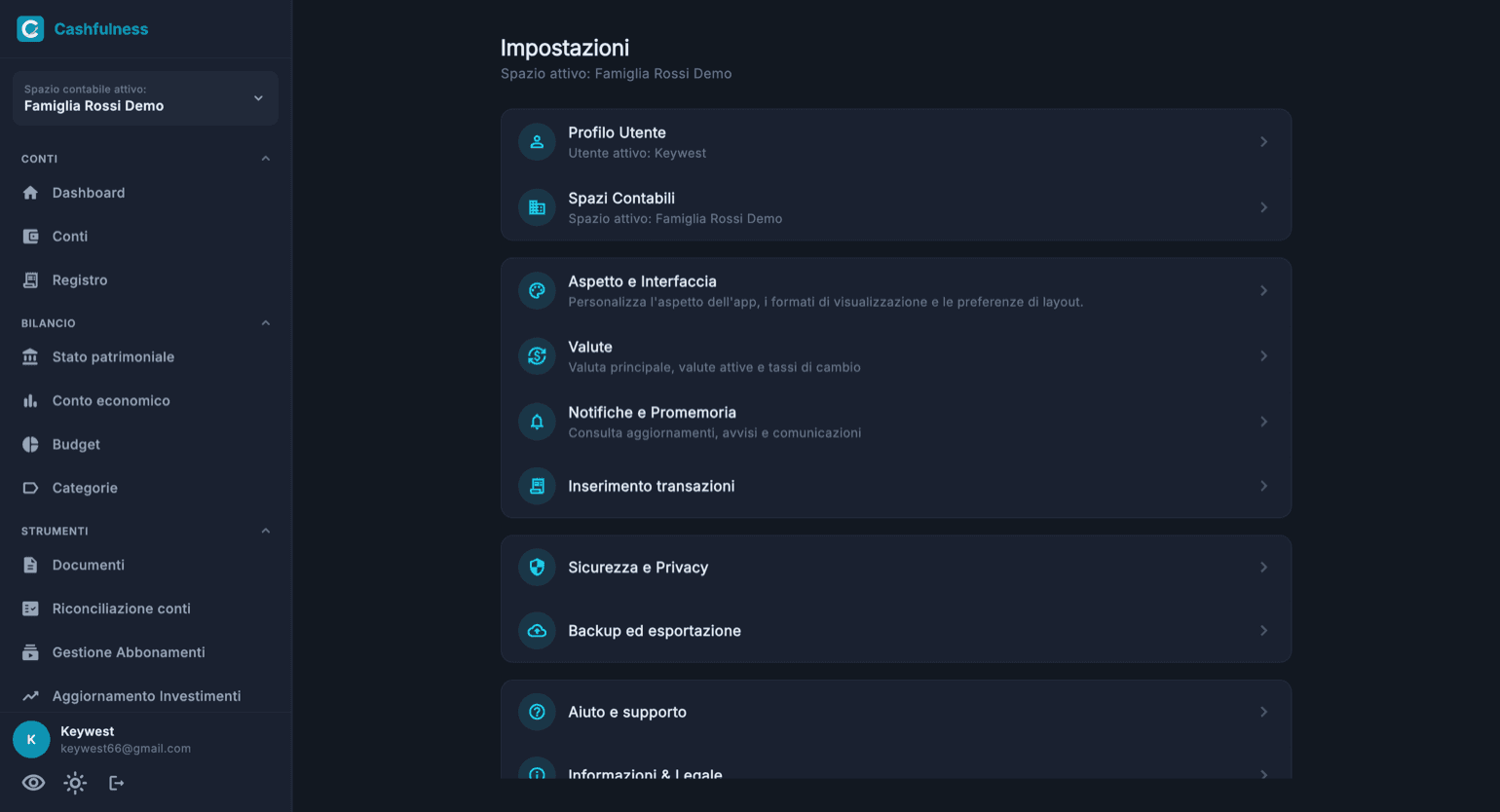 Schermata Impostazioni di Cashfulness con l'elenco delle aree di configurazione: Profilo Utente, Spazi Contabili, Aspetto e Interfaccia, Valute, Notifiche e Promemoria, Sicurezza e Privacy, Backup ed esportazione.