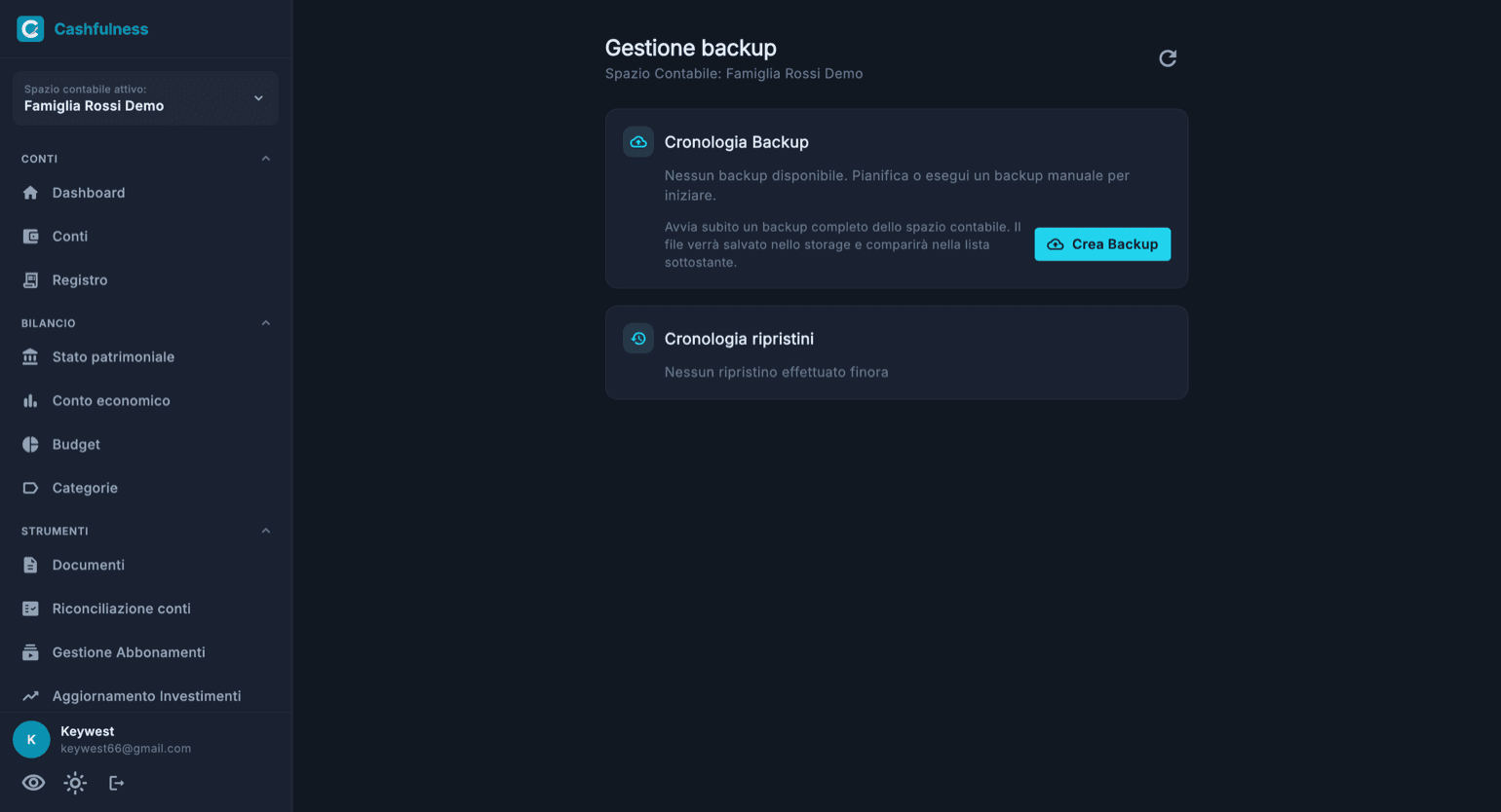 Pagina Gestione backup con il pulsante Crea Backup, la Cronologia Backup e la Cronologia ripristini.