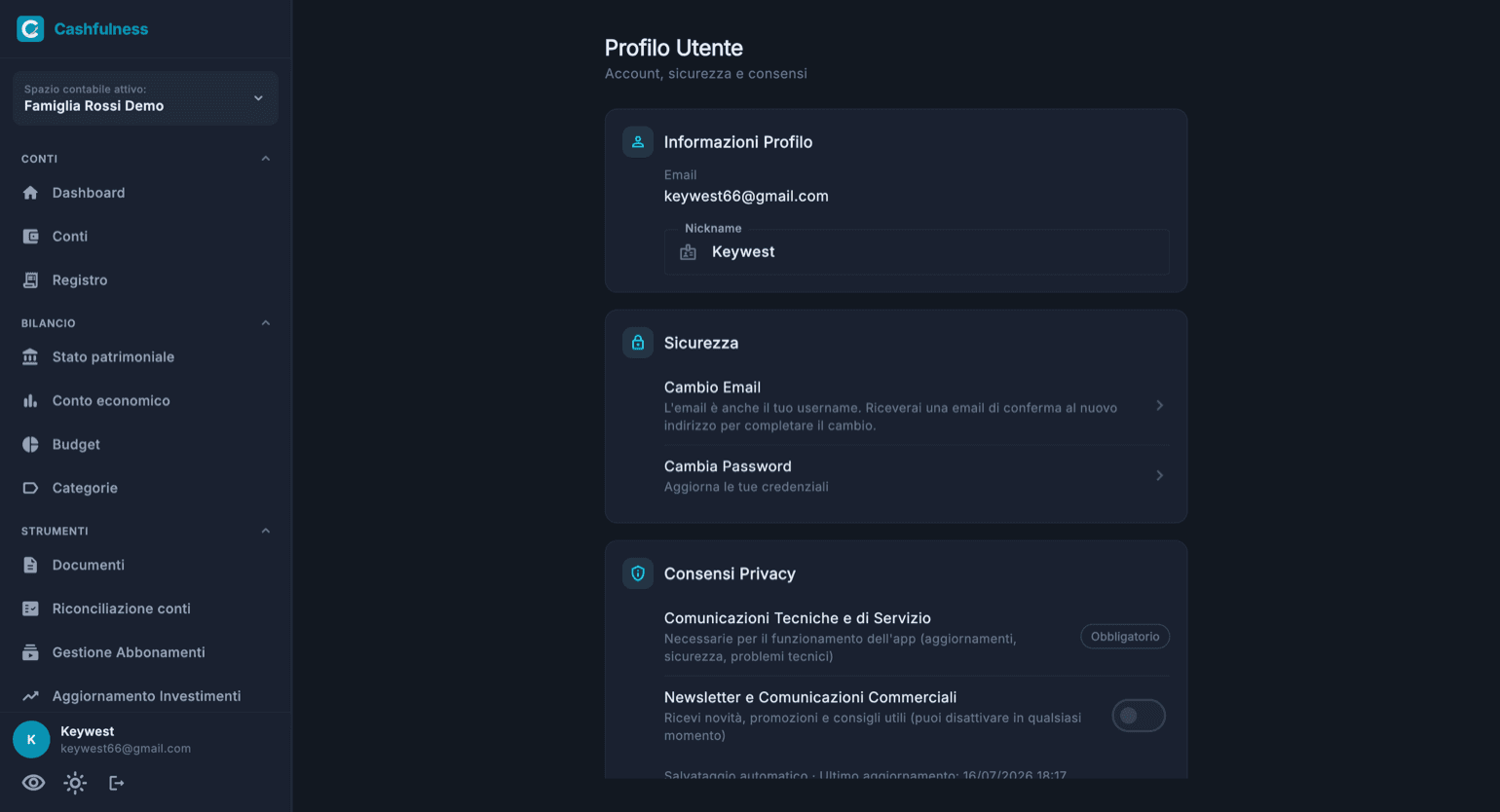 Pagina Profilo Utente con le informazioni dell'account, la sezione Sicurezza per il cambio di email e password e i Consensi Privacy con gli interruttori.