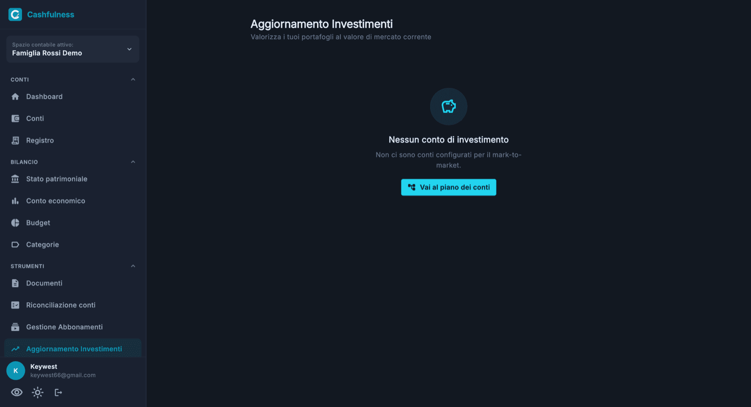 La pagina Aggiornamento Investimenti con il sottotitolo Valorizza i tuoi portafogli al valore di mercato corrente e il collegamento Vai al piano dei conti.