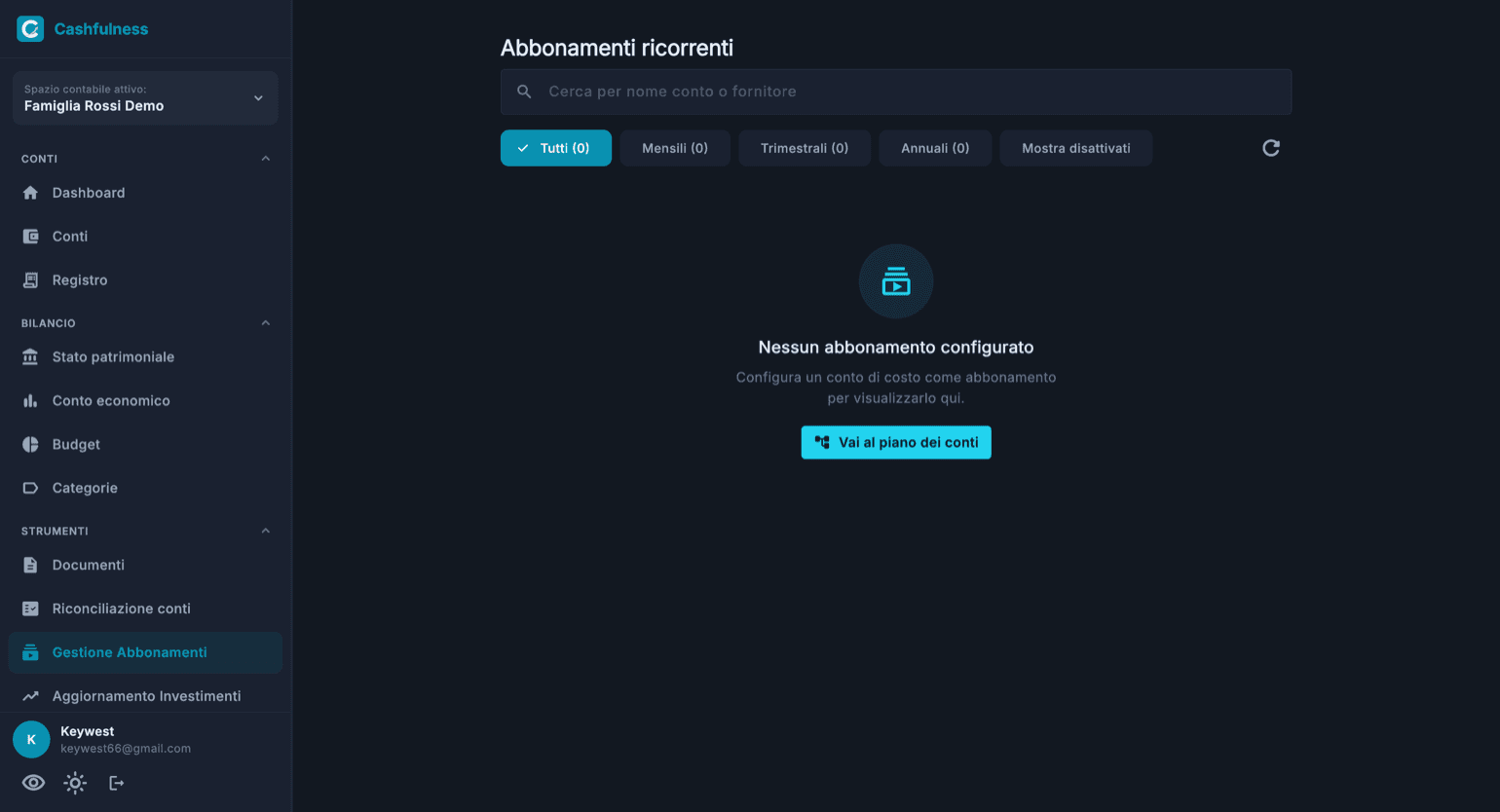 La pagina Abbonamenti ricorrenti con la barra di ricerca per nome conto o fornitore e i filtri Tutti, Mensili, Trimestrali, Annuali e Mostra disattivati.