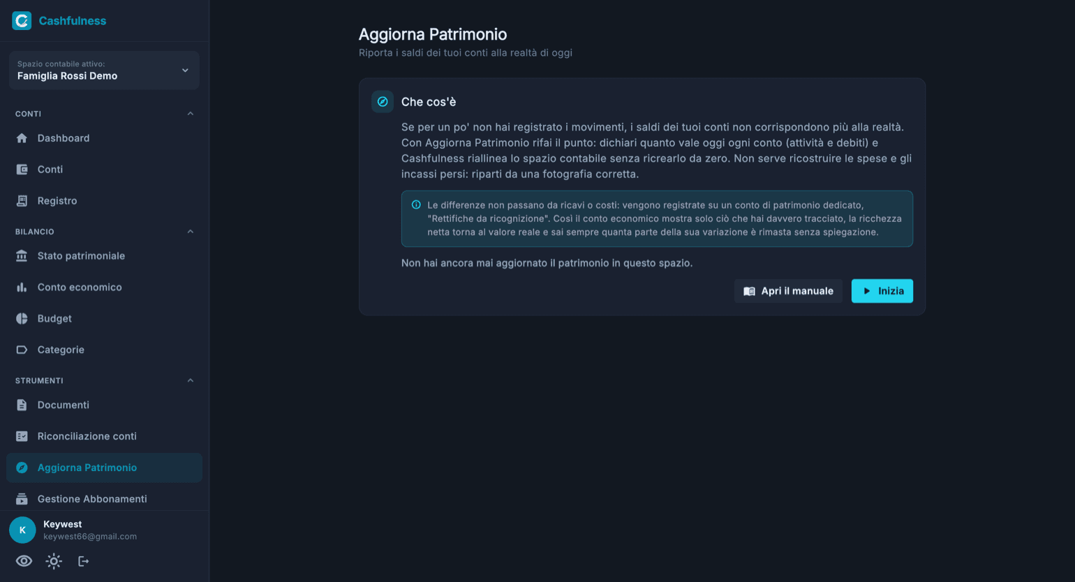 La schermata iniziale di Aggiorna Patrimonio con la spiegazione della funzione, la nota sul conto Rettifiche da ricognizione e i pulsanti Apri il manuale e Inizia.