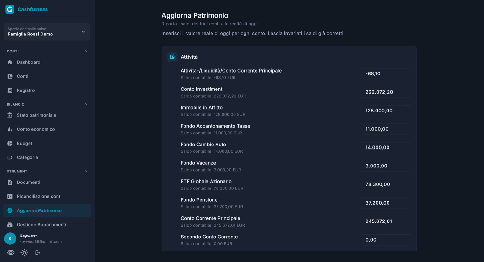 La schermata di Aggiorna Patrimonio con l'elenco dei conti patrimoniali, il saldo contabile di ciascuno e il campo per inserire il valore reale di oggi.