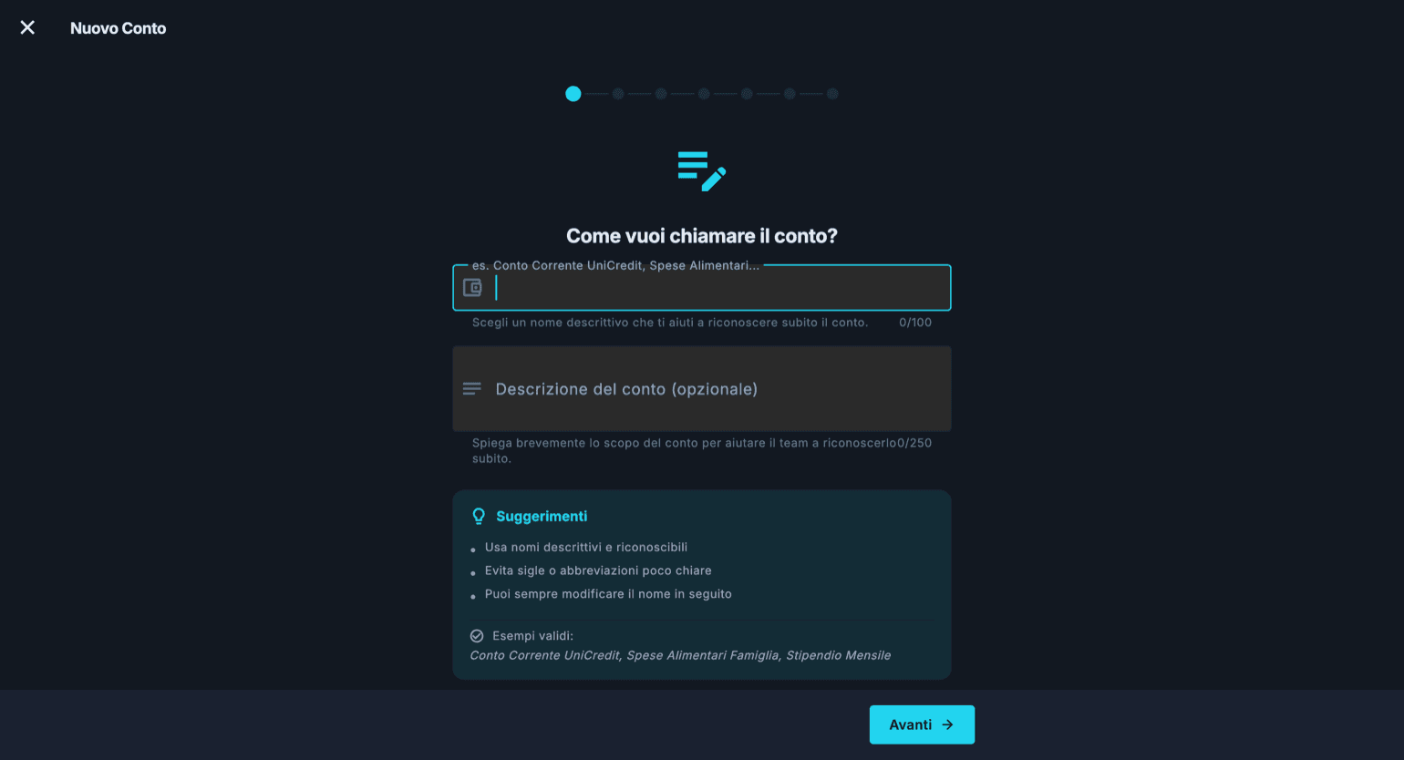 Il primo passo del wizard Nuovo Conto: il campo per il nome del conto, la descrizione facoltativa e un riquadro di suggerimenti con esempi validi.