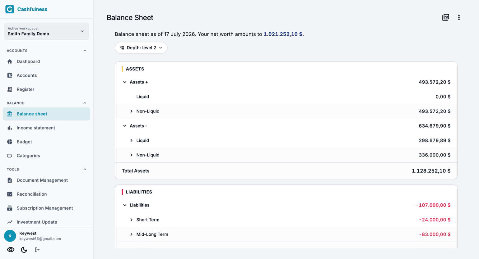 Cashfulness Balance sheet with the Assets and Liabilities sections, subtotals for each account group, and the net wealth highlighted in blue at the top of the page