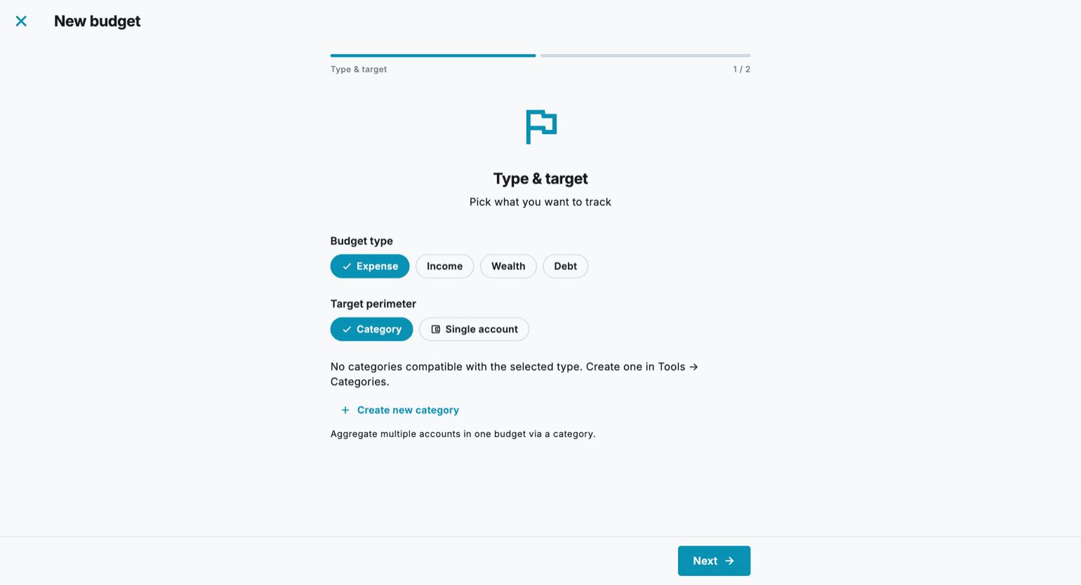 The first step of the New budget wizard, with the choice of budget type between Expense, Income, Wealth and Debt and of target perimeter between Category and Single account.