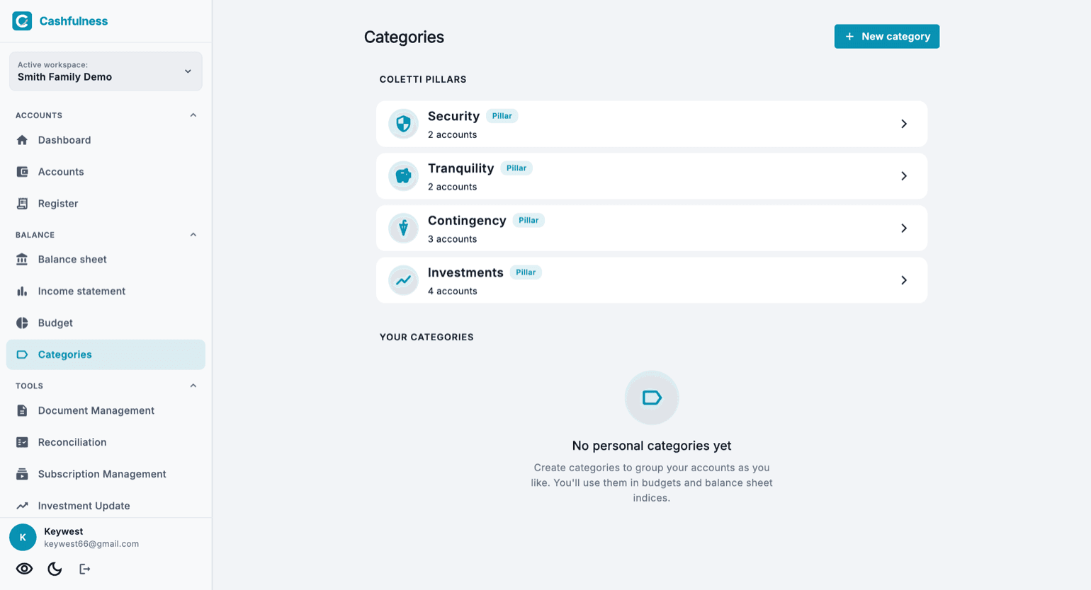 The Categories page with the four Coletti Pillars (Security, Tranquility, Contingency, Investments) and the personal categories section with the New category button.