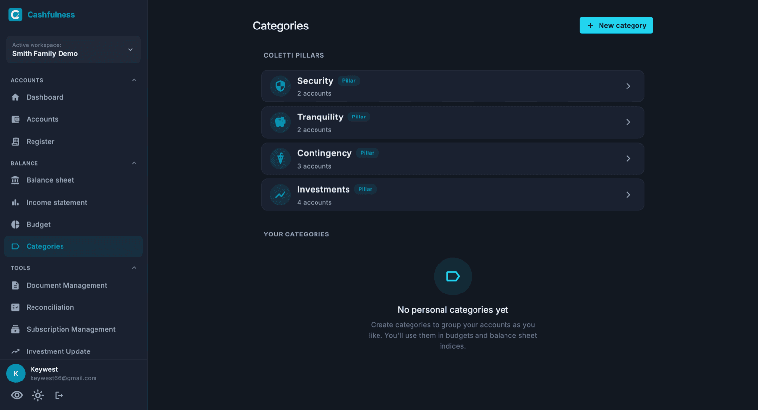 The Categories page with the four Coletti Pillars (Security, Tranquility, Contingency, Investments) and the personal categories section with the New category button.
