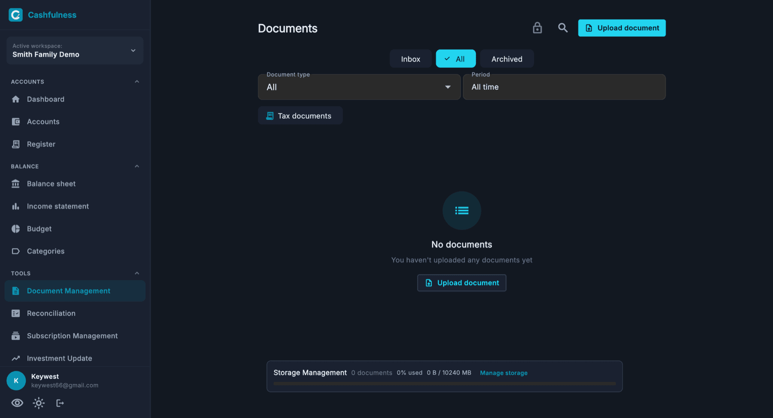 The Documents page in Cashfulness with the Upload document button, the Inbox, All and Archived tabs, the type and period filters and the storage management bar at the bottom.