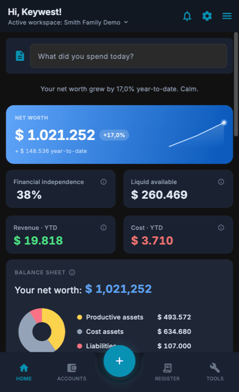 The Cashfulness Dashboard on a smartphone: quick entry bar at the top, Net worth card on a blue background and the Financial independence, Available liquidity, Revenue YTD and Costs YTD indicators.