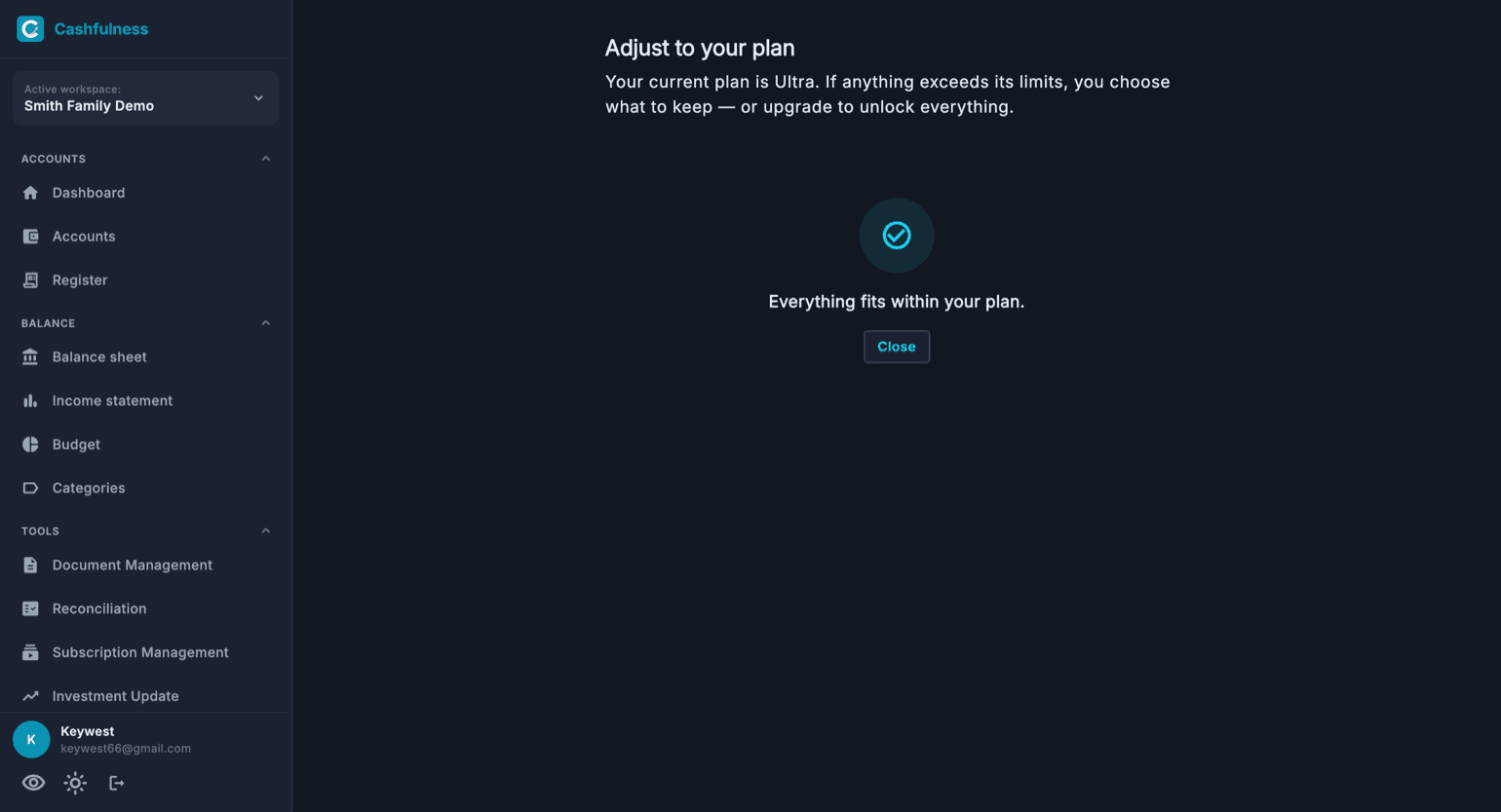 The Adjust your plan screen: when every workspace fits within the limits of the active plan, a confirmation message indicates that no choice is needed.