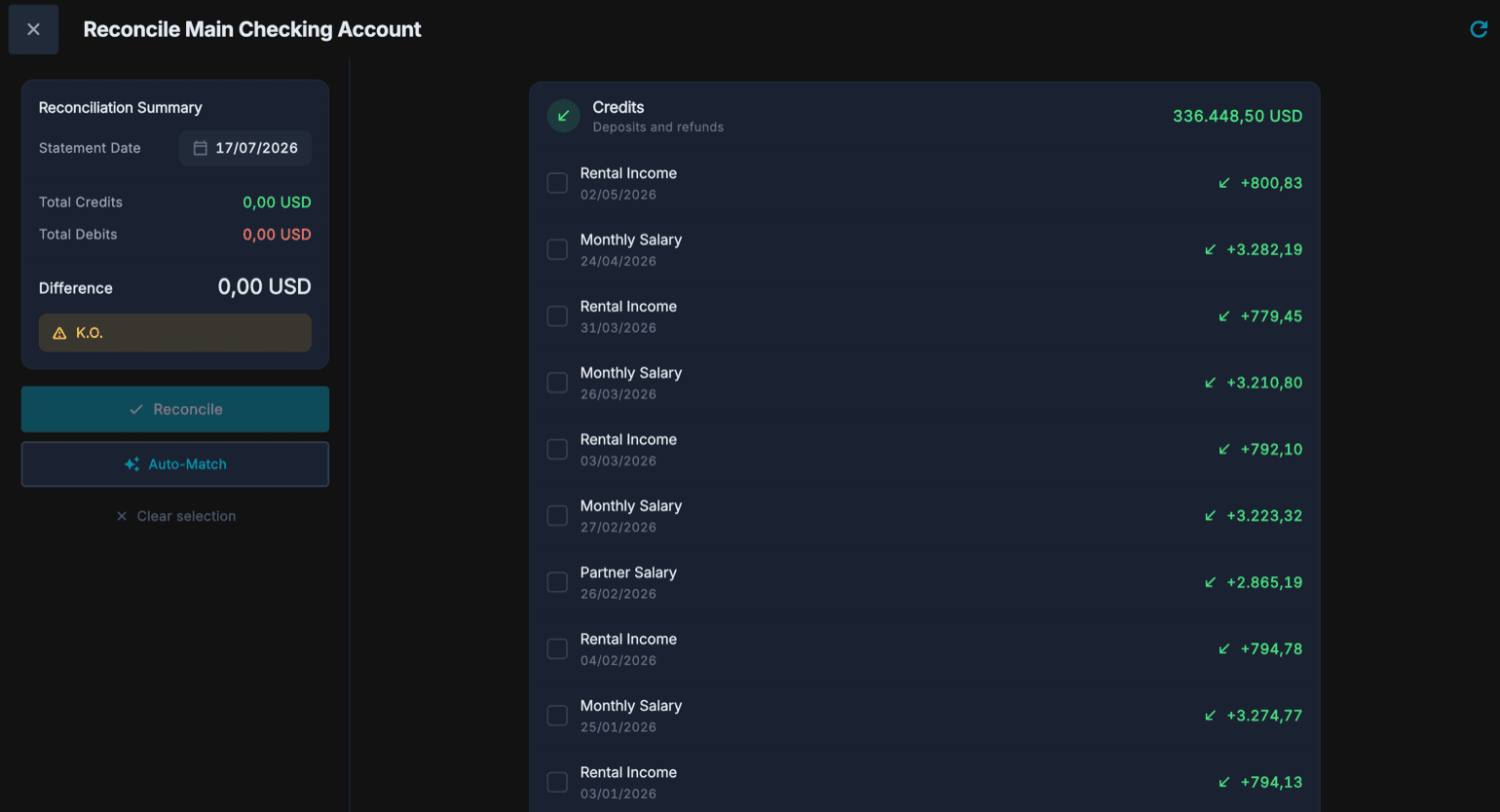 The reconciliation screen for a checking account: list of credit amounts with checkboxes, reference date, credit and debit totals, the Difference, and the Reconcile button.