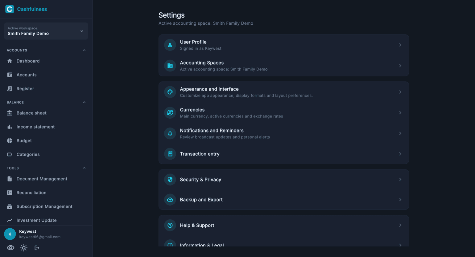 Cashfulness Settings screen with the list of configuration areas: User Profile, Workspaces, Appearance and Interface, Currencies, Notifications and Reminders, Security and Privacy, Backup and export.