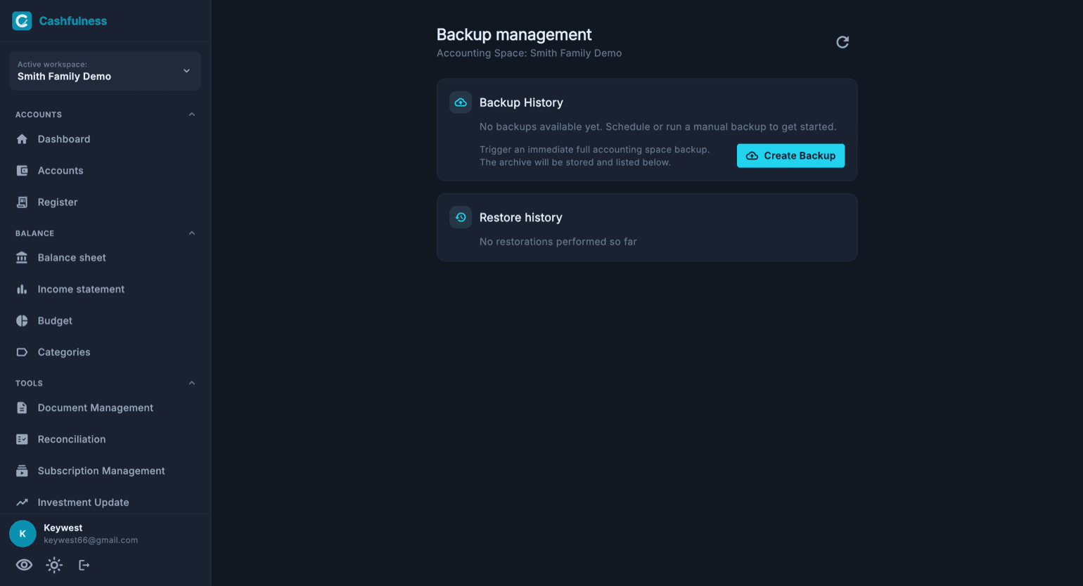 Backup management page with the Create Backup button, the Backup History and the Restore History.