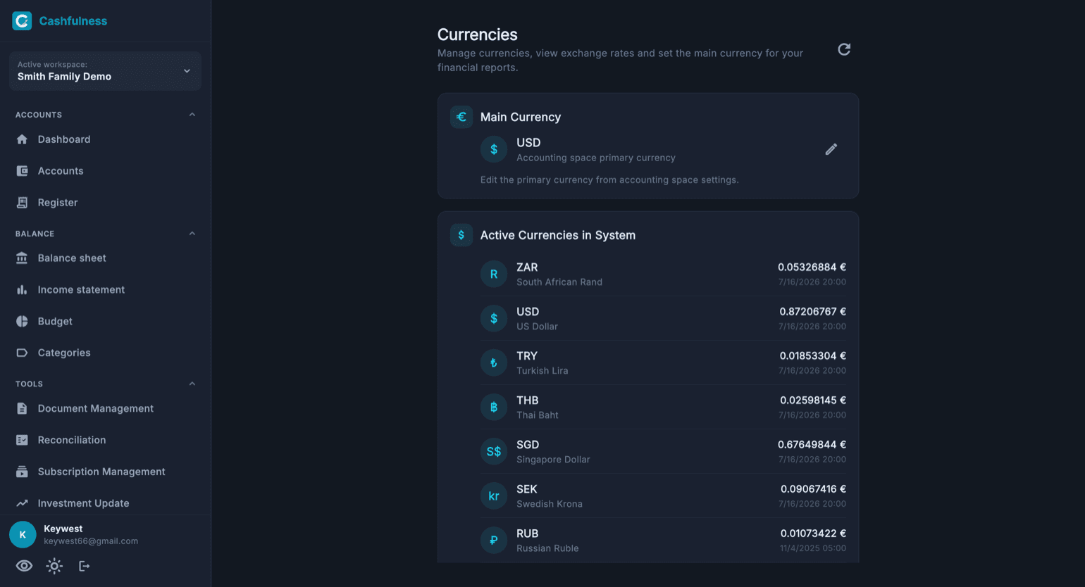 Currencies section of the Settings with the main currency and the list of enabled currencies.