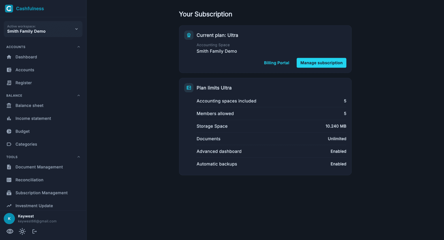 The Your Subscription page in Settings: the current plan card with the Billing Portal and Manage subscription buttons, and the plan limits card listing workspaces, members, storage space and enabled features.