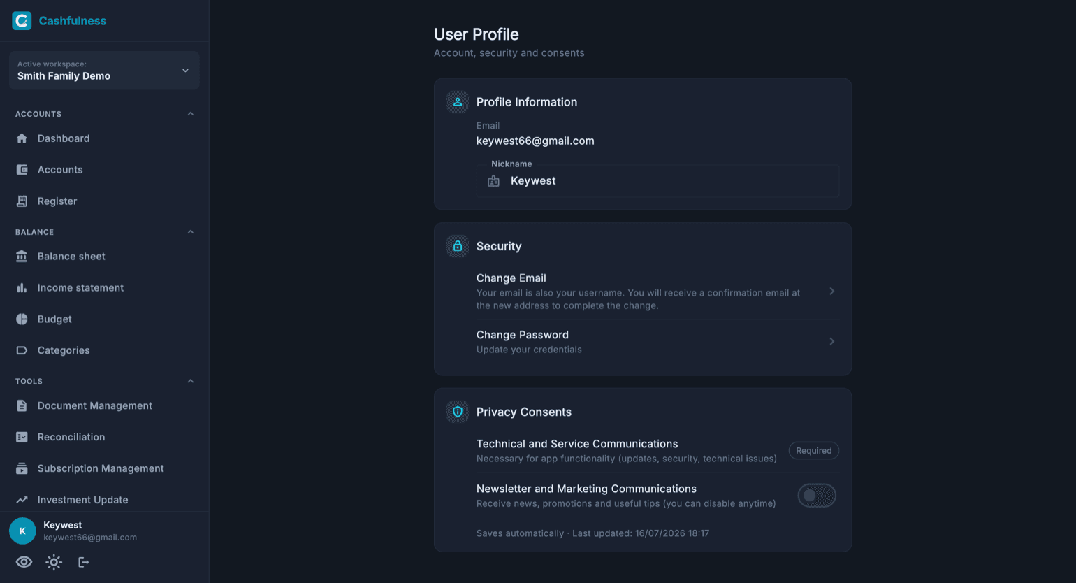 User Profile page with account information, the Security section for changing email and password, and the Privacy Consents toggles.