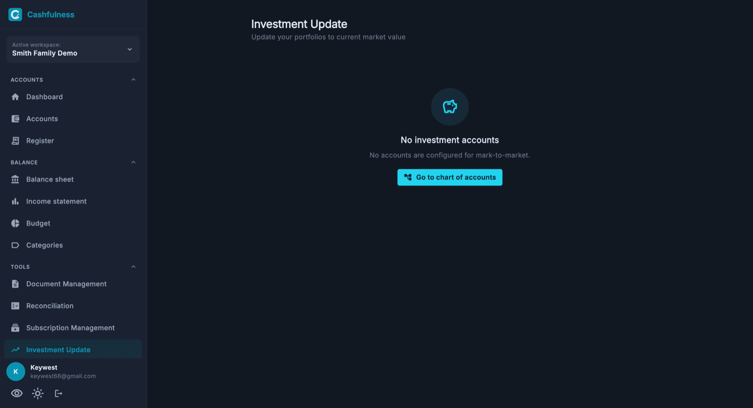 The Investment Update page with the subtitle inviting you to value your portfolios at the current market price and the Go to chart of accounts link.