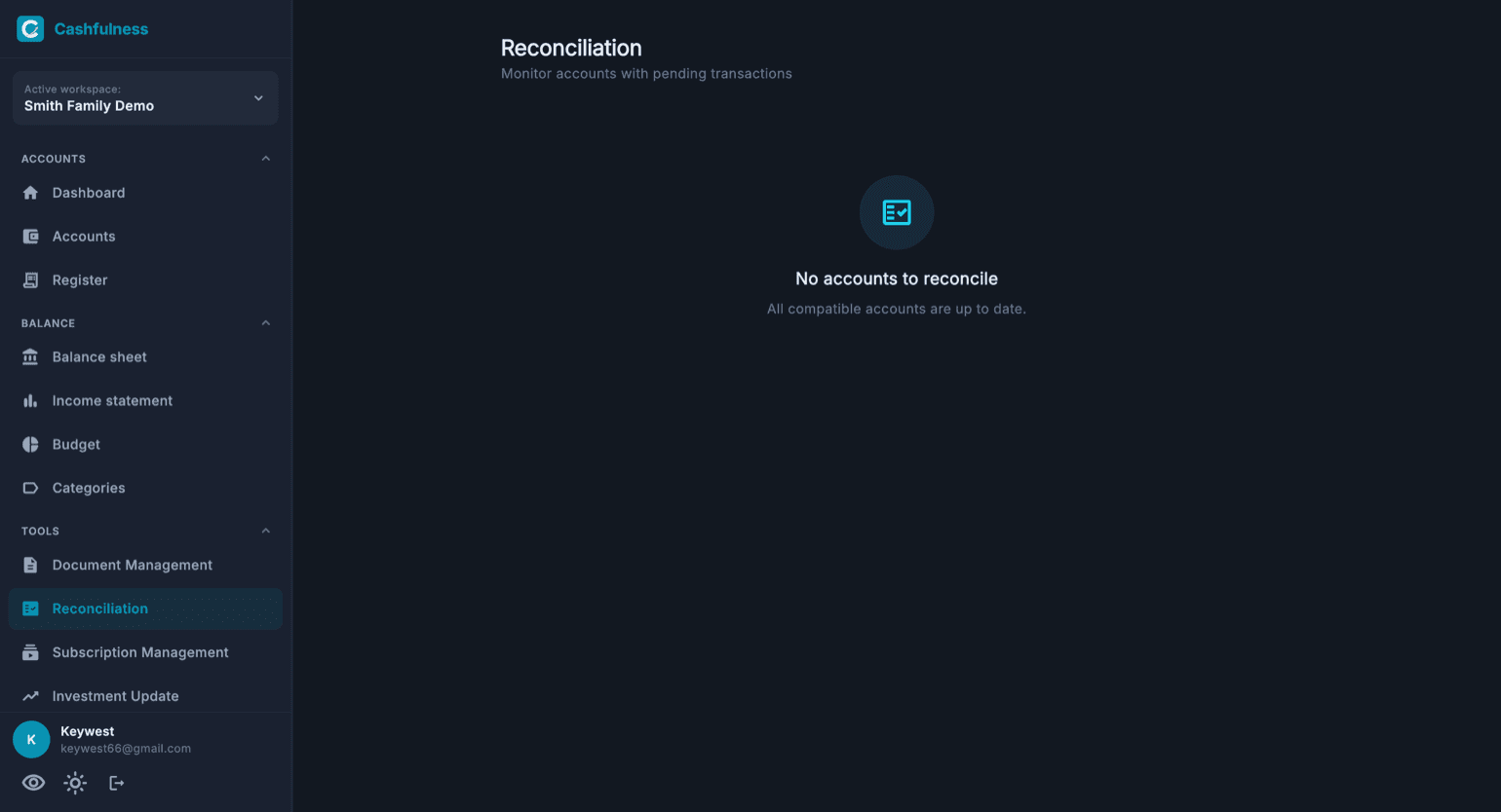 The Account Reconciliation page with the message that there are no accounts to reconcile and the confirmation that all compatible accounts are up to date.