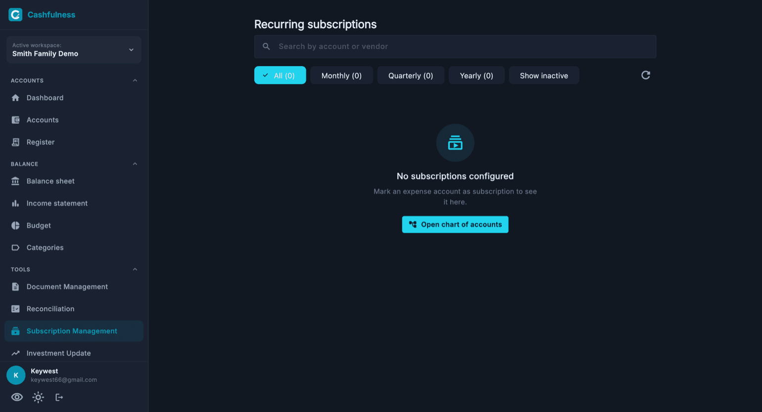 The recurring subscriptions page with the search bar for account or provider name and the All, Monthly, Quarterly, Yearly and Show disabled filters.