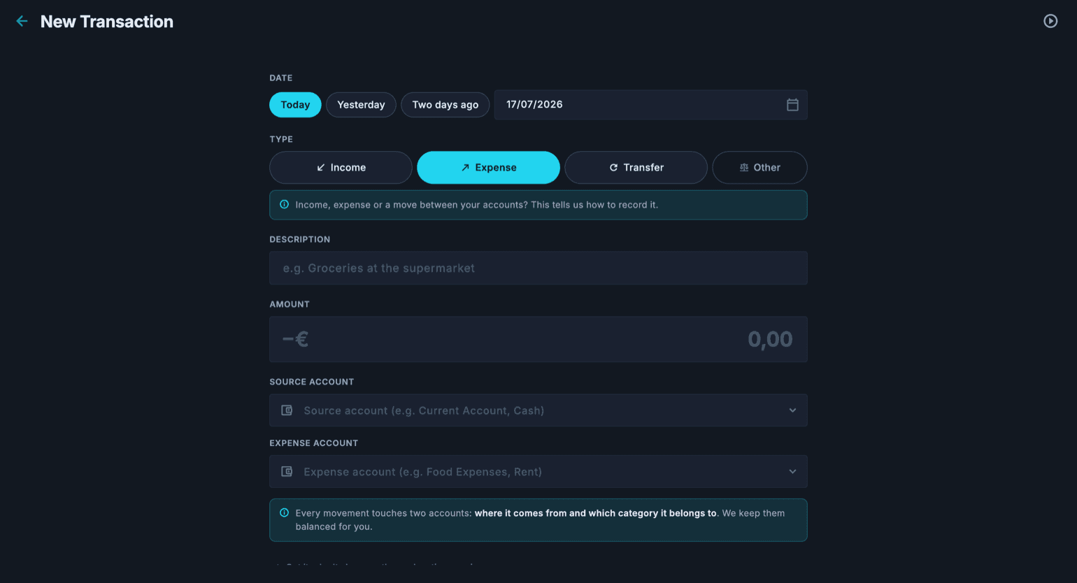 New Transaction form with the date, entry type, description, amount, and the source and destination account fields