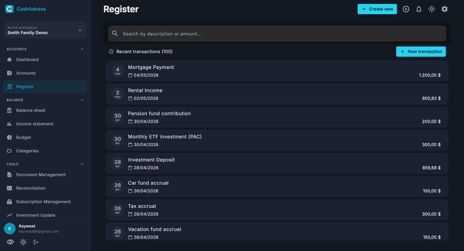 Cashfulness Register screen with the search bar, the chronological list of recent transactions, and the New transaction button