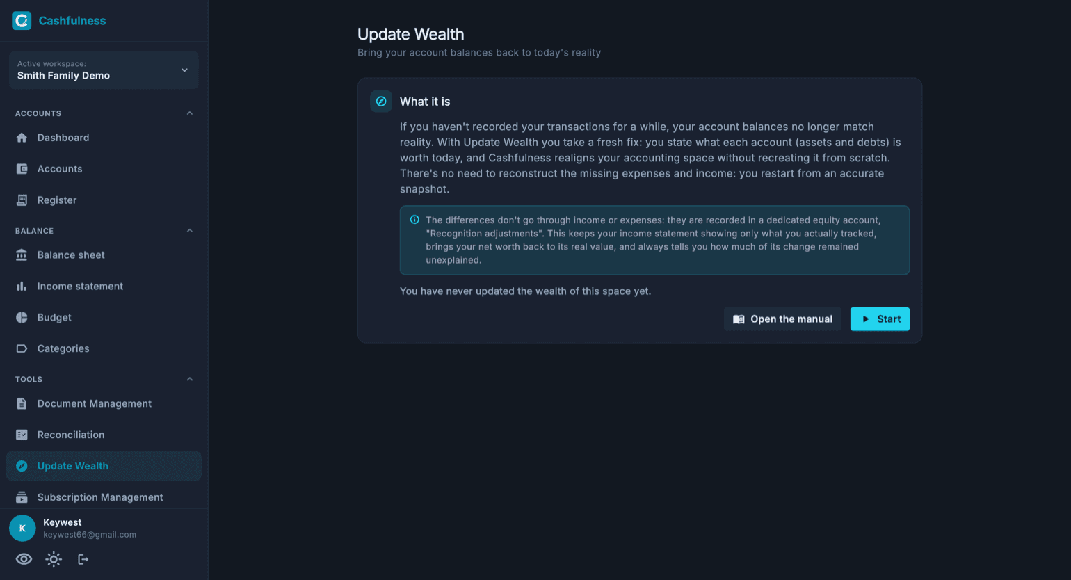 The opening screen of Update Wealth explaining the feature, the note about the Recognition adjustments account, and the Open the manual and Start buttons.