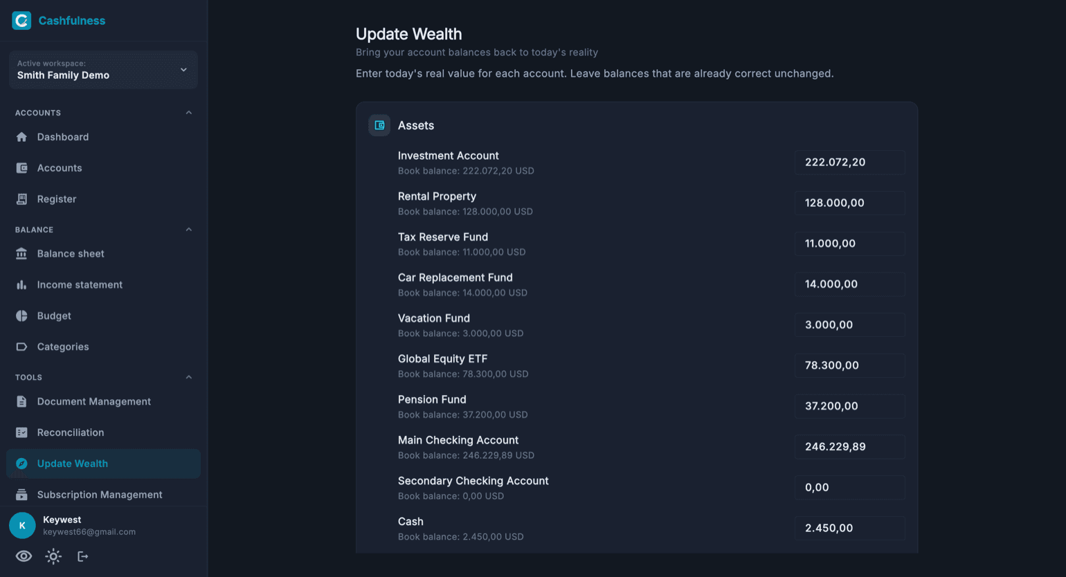 The Update Wealth screen with the list of balance-sheet accounts, each account's book balance, and the field to enter today's real value.