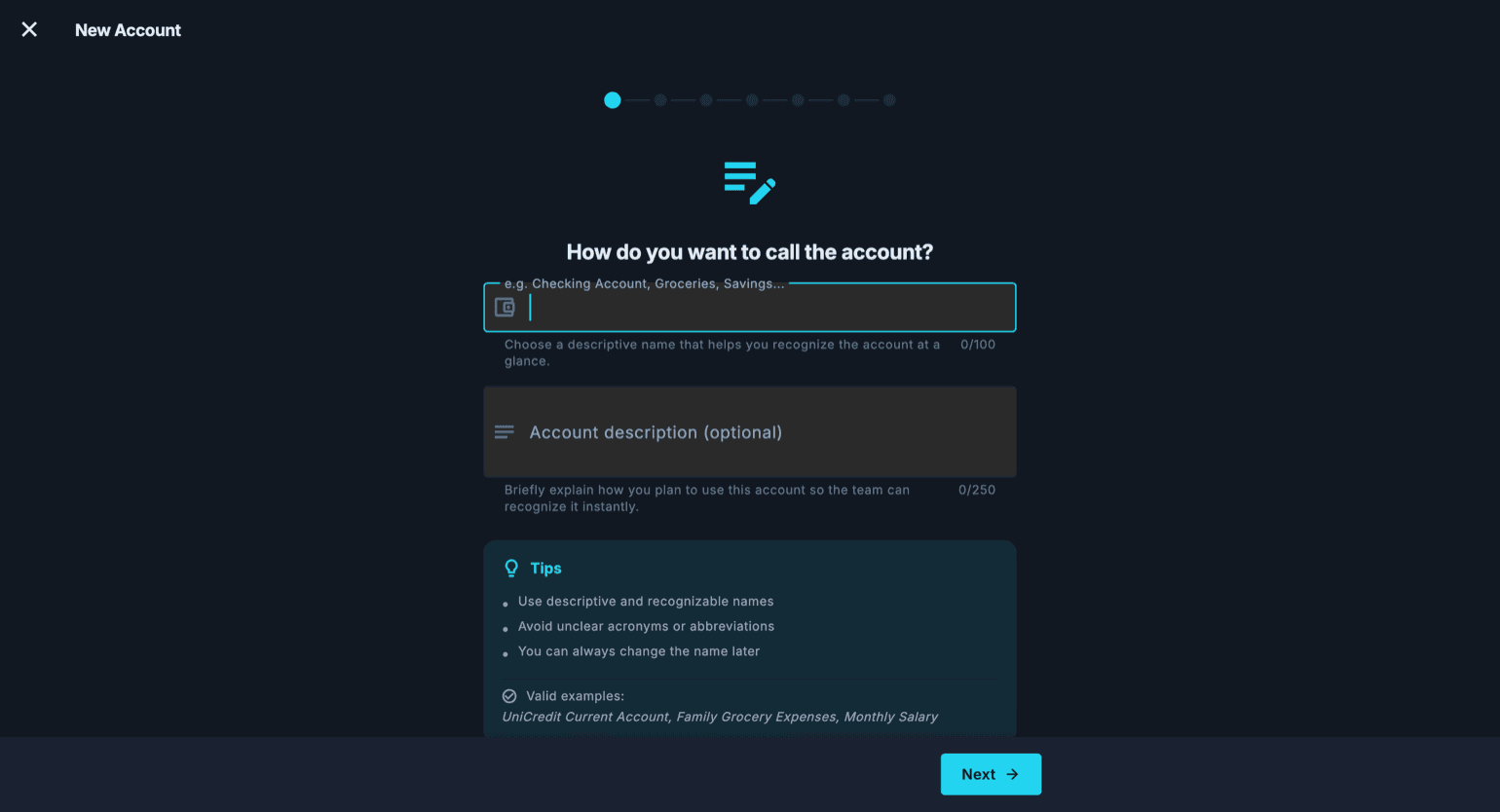 The first step of the New Account wizard: the account name field, the optional description, and a suggestions box with valid examples.