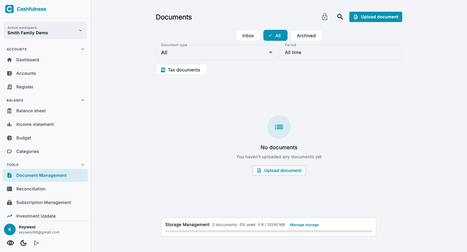 The Documents page in Cashfulness with the Upload document button, the Inbox, All and Archived tabs, the type and period filters and the storage management bar at the bottom.