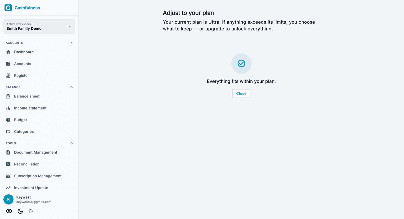 The Adjust your plan screen: when every workspace fits within the limits of the active plan, a confirmation message indicates that no choice is needed.