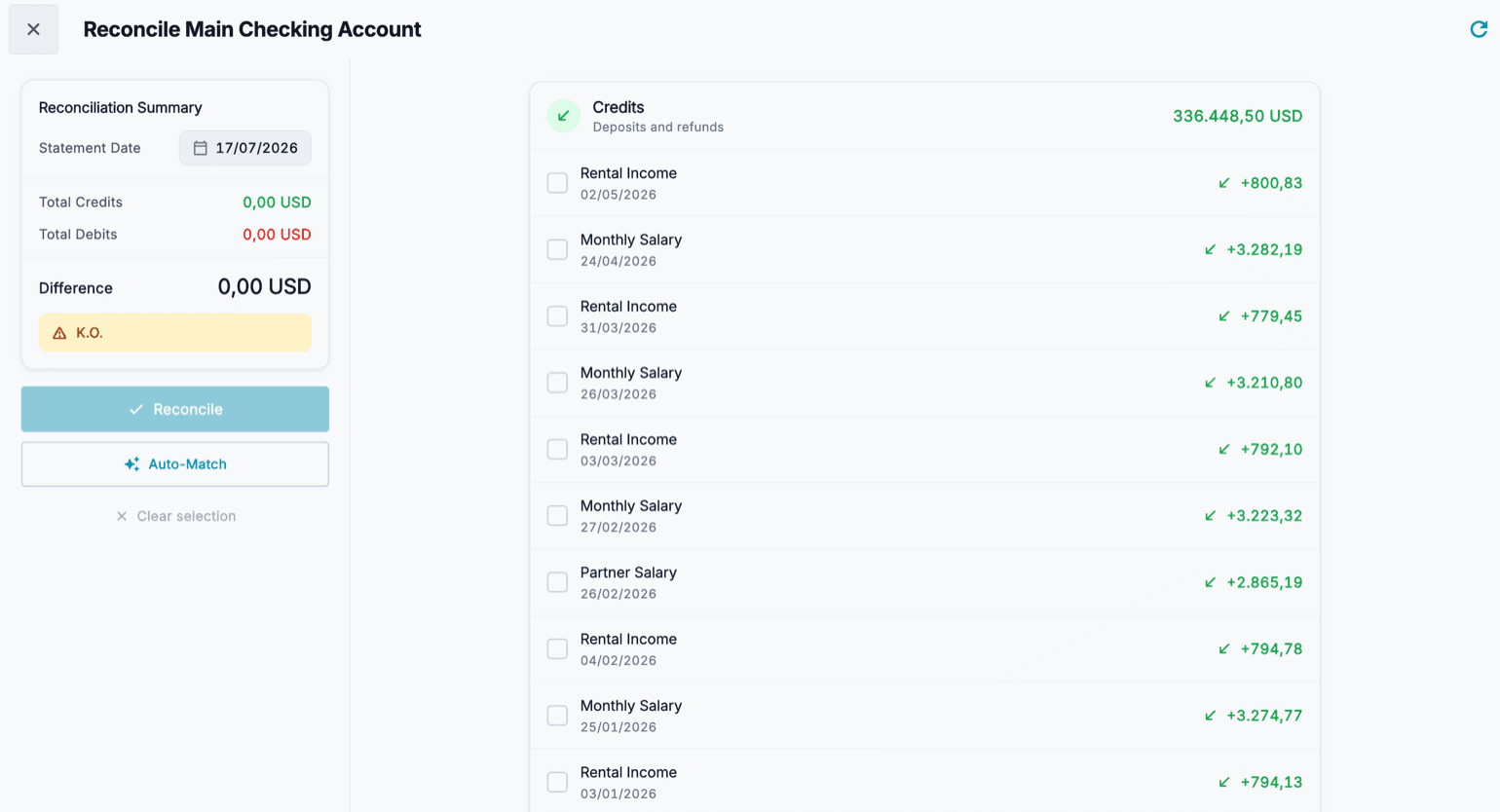 The reconciliation screen for a checking account: list of credit amounts with checkboxes, reference date, credit and debit totals, the Difference, and the Reconcile button.
