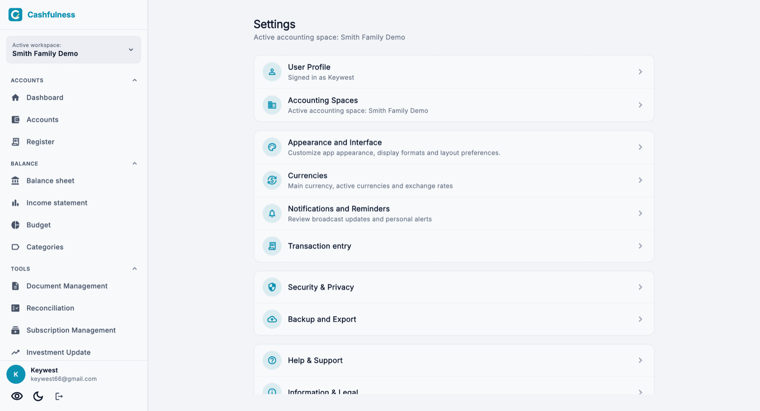 Cashfulness Settings screen with the list of configuration areas: User Profile, Workspaces, Appearance and Interface, Currencies, Notifications and Reminders, Security and Privacy, Backup and export.