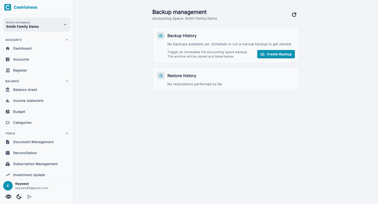 Backup management page with the Create Backup button, the Backup History and the Restore History.