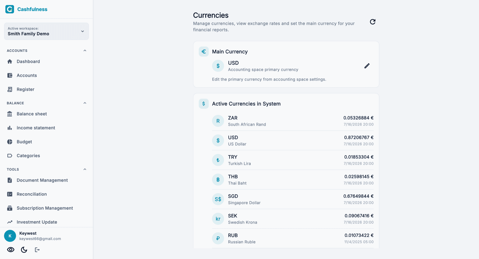 Currencies section of the Settings with the main currency and the list of enabled currencies.