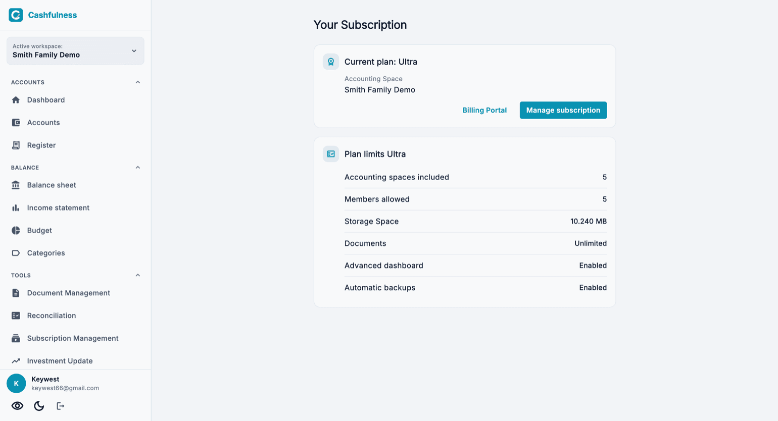 The Your Subscription page in Settings: the current plan card with the Billing Portal and Manage subscription buttons, and the plan limits card listing workspaces, members, storage space and enabled features.