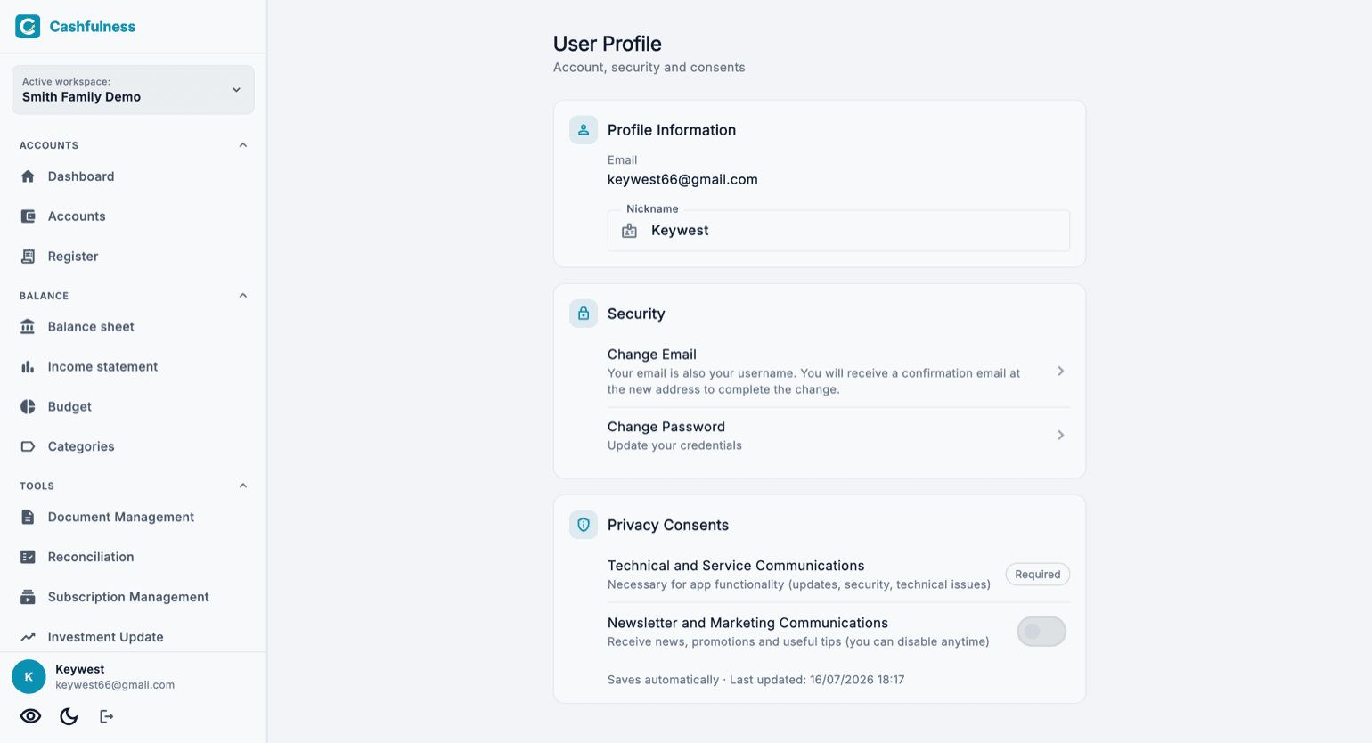 User Profile page with account information, the Security section for changing email and password, and the Privacy Consents toggles.