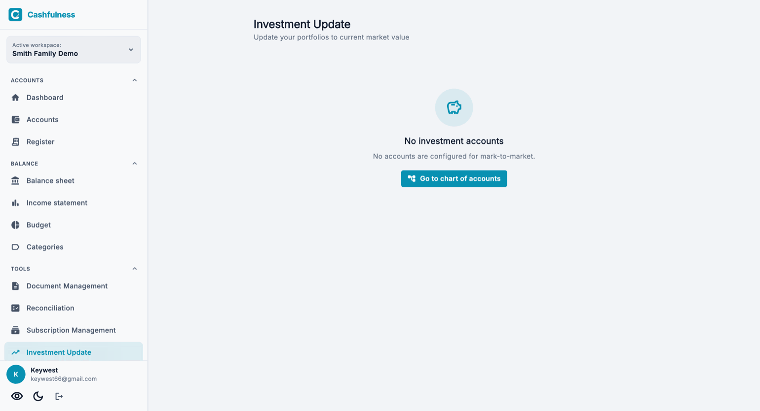 The Investment Update page with the subtitle inviting you to value your portfolios at the current market price and the Go to chart of accounts link.
