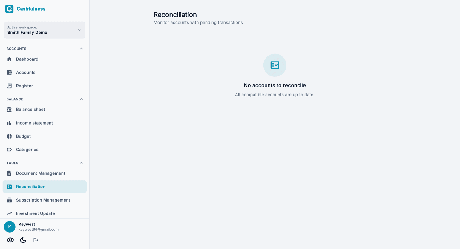 The Account Reconciliation page with the message that there are no accounts to reconcile and the confirmation that all compatible accounts are up to date.