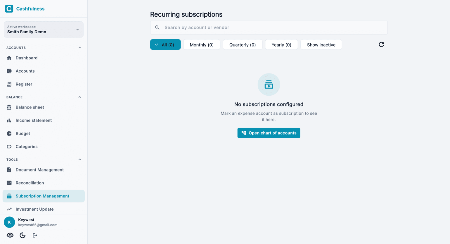 The recurring subscriptions page with the search bar for account or provider name and the All, Monthly, Quarterly, Yearly and Show disabled filters.