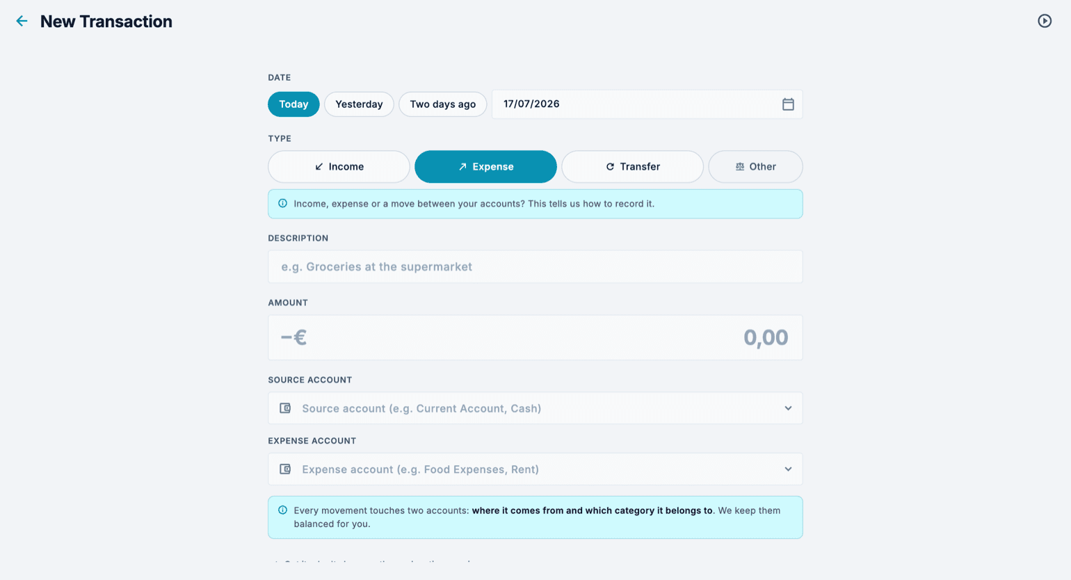 New Transaction form with the date, entry type, description, amount, and the source and destination account fields