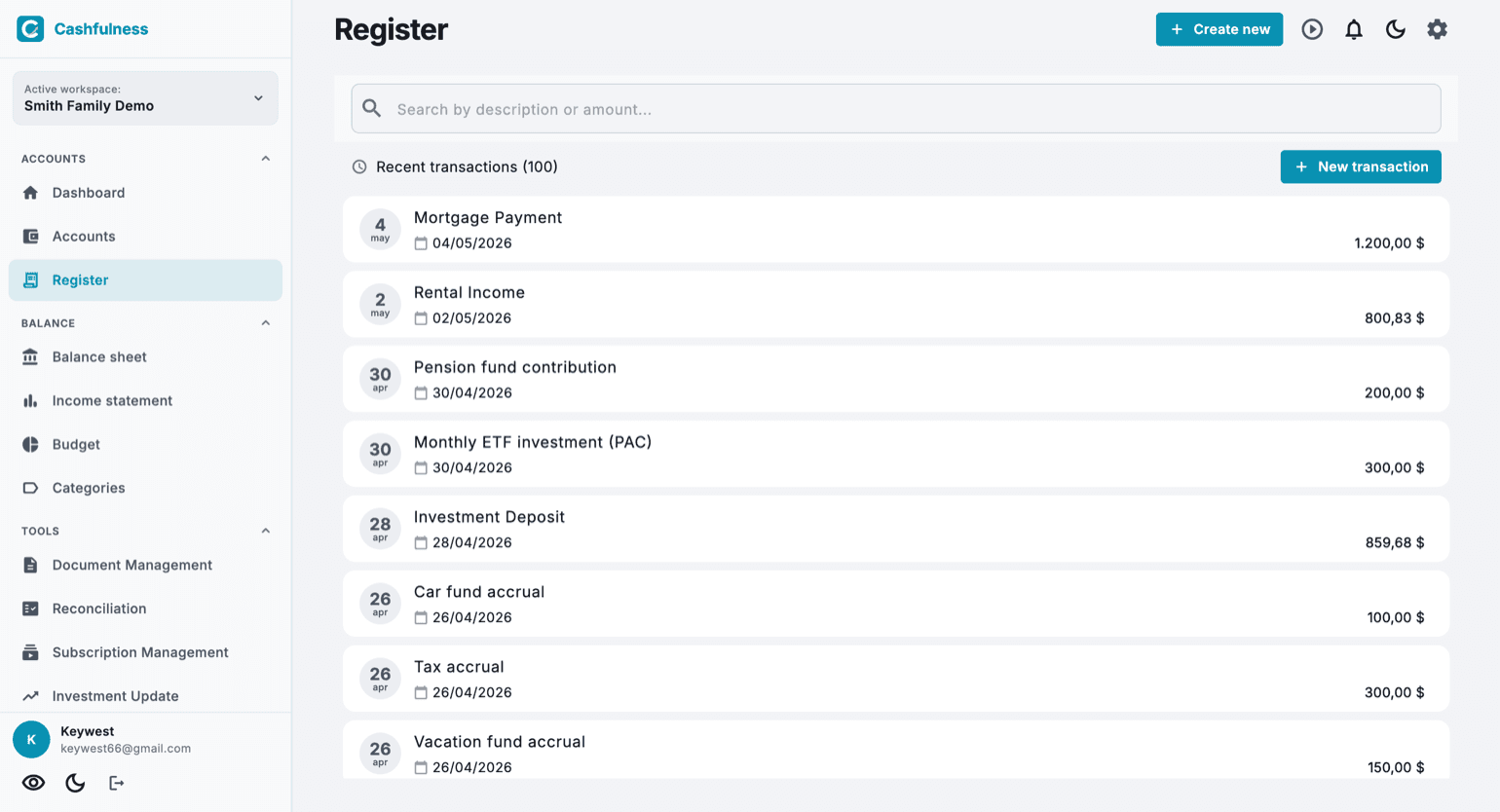 Cashfulness Register screen with the search bar, the chronological list of recent transactions, and the New transaction button