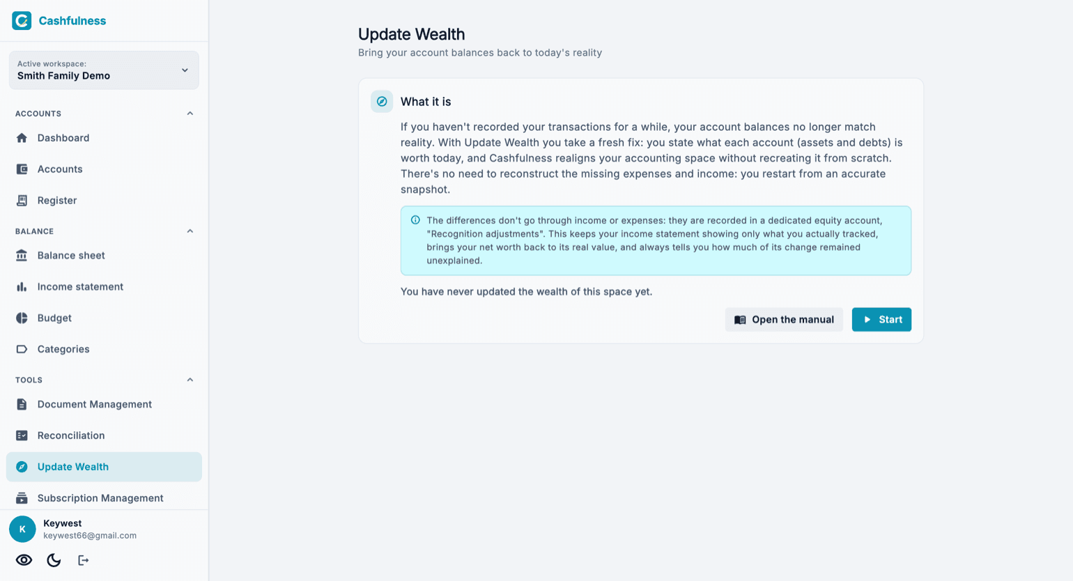 The opening screen of Update Wealth explaining the feature, the note about the Recognition adjustments account, and the Open the manual and Start buttons.