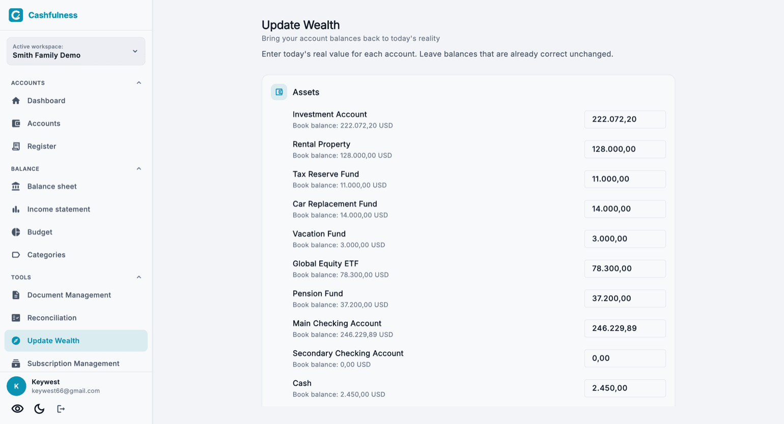 The Update Wealth screen with the list of balance-sheet accounts, each account's book balance, and the field to enter today's real value.