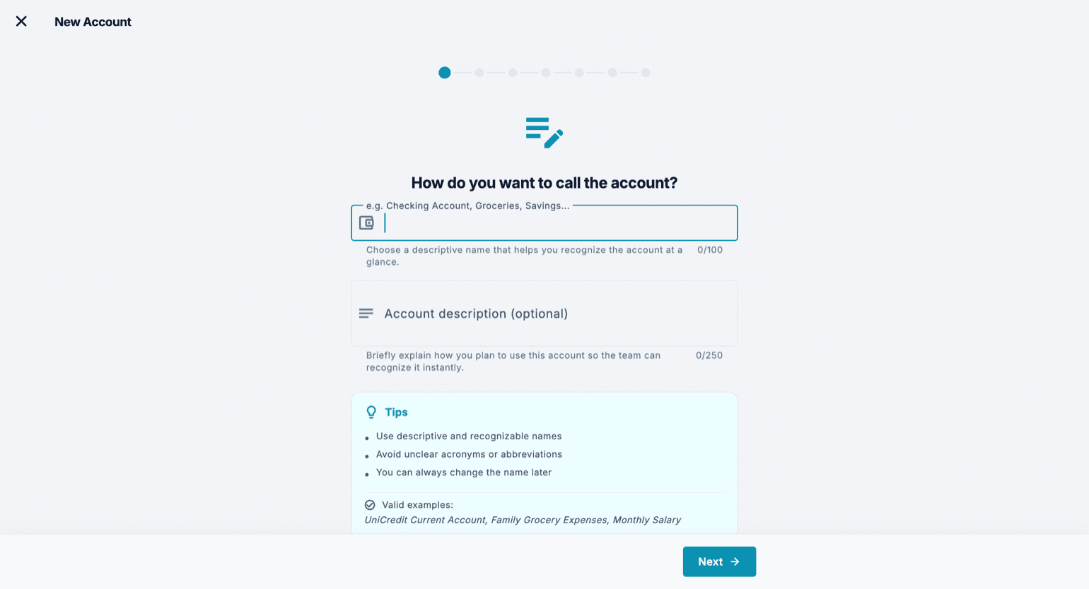 The first step of the New Account wizard: the account name field, the optional description, and a suggestions box with valid examples.