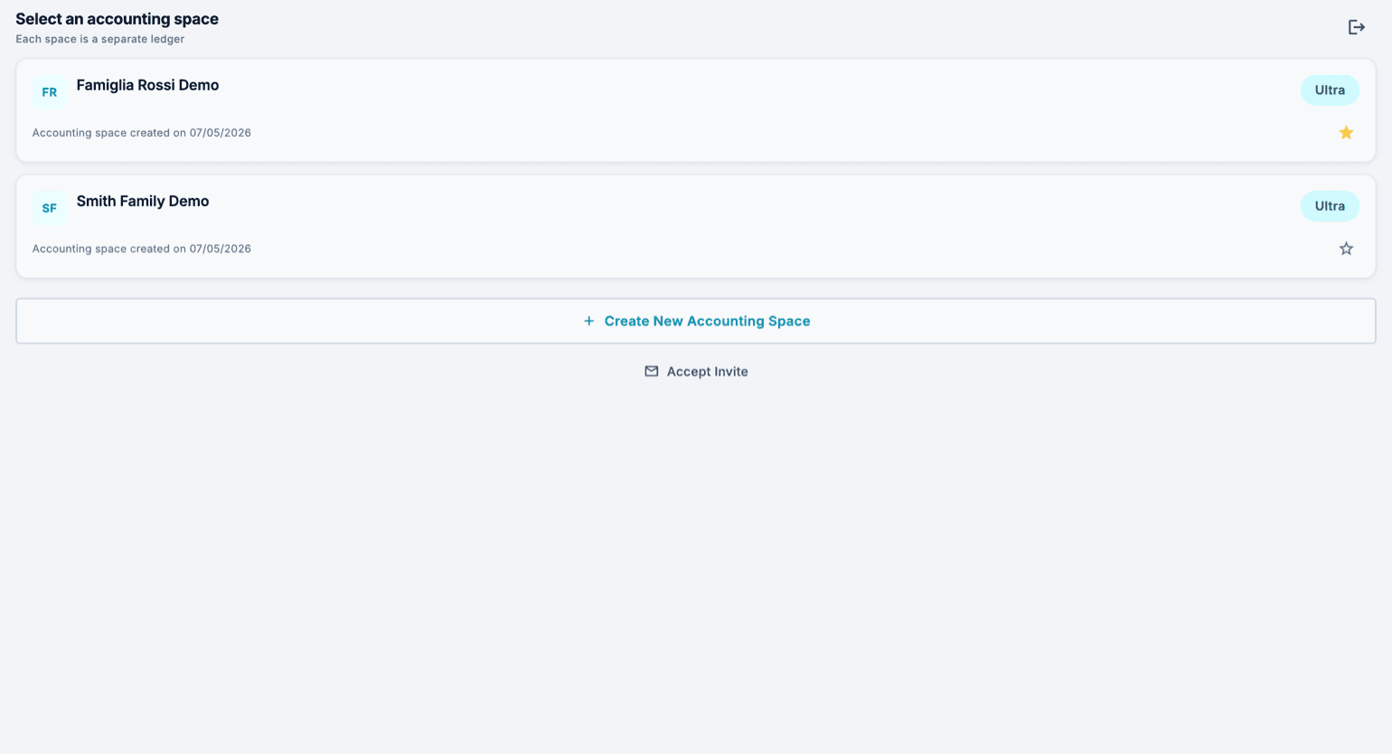 Cashfulness dashboard on mobile: the header shows the active workspace, with an arrow that opens the workspace selector.