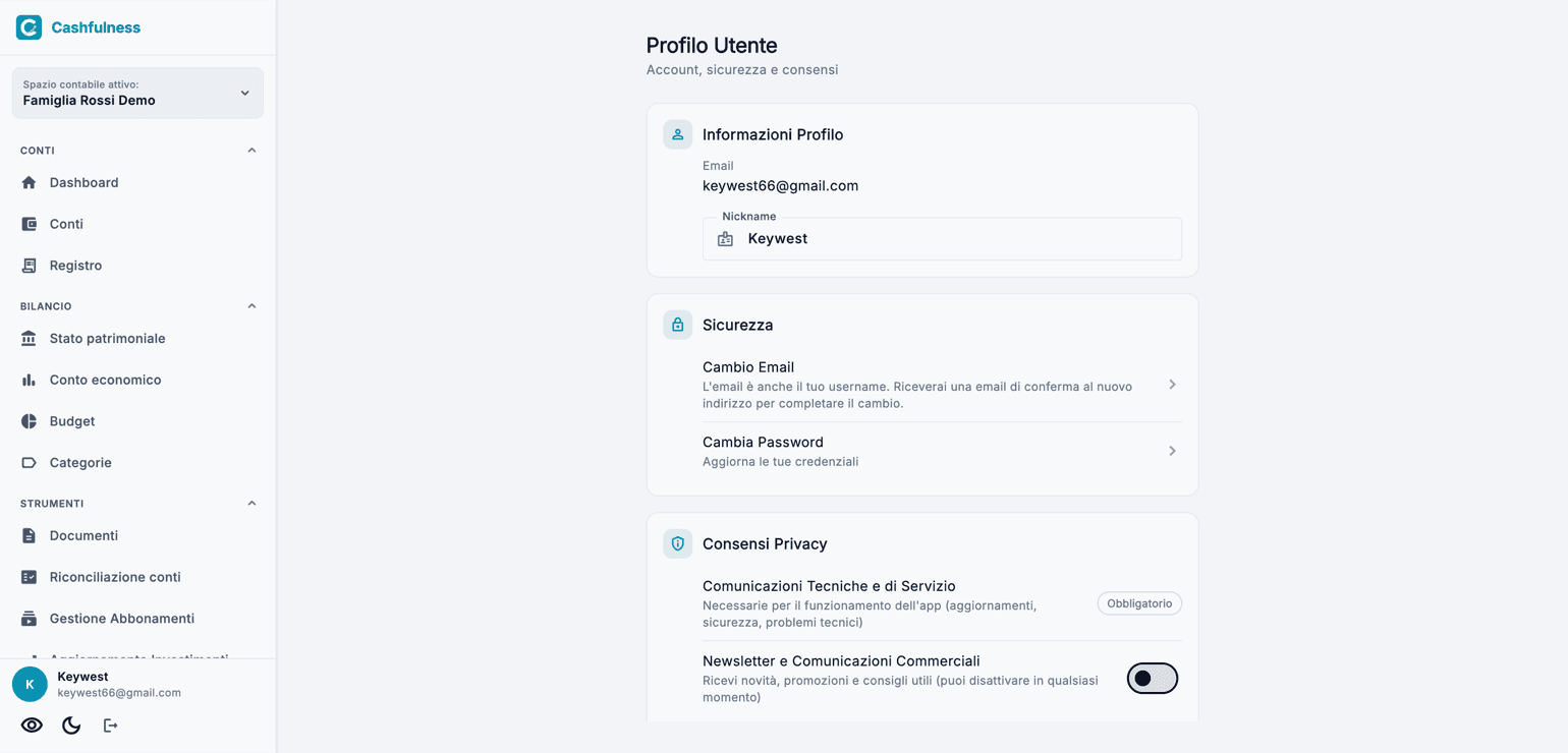 Pagina Profilo Utente con le informazioni dell'account, la sezione Sicurezza per il cambio di email e password e i Consensi Privacy con gli interruttori.